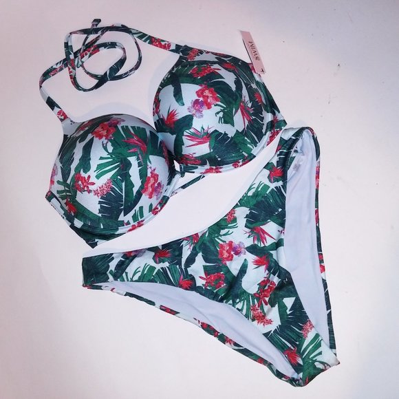 Victoria Secret Swim Bikini 38D Top XL Bottom Blue Green Leaves Bombshell Push U - Picture 1 of 10